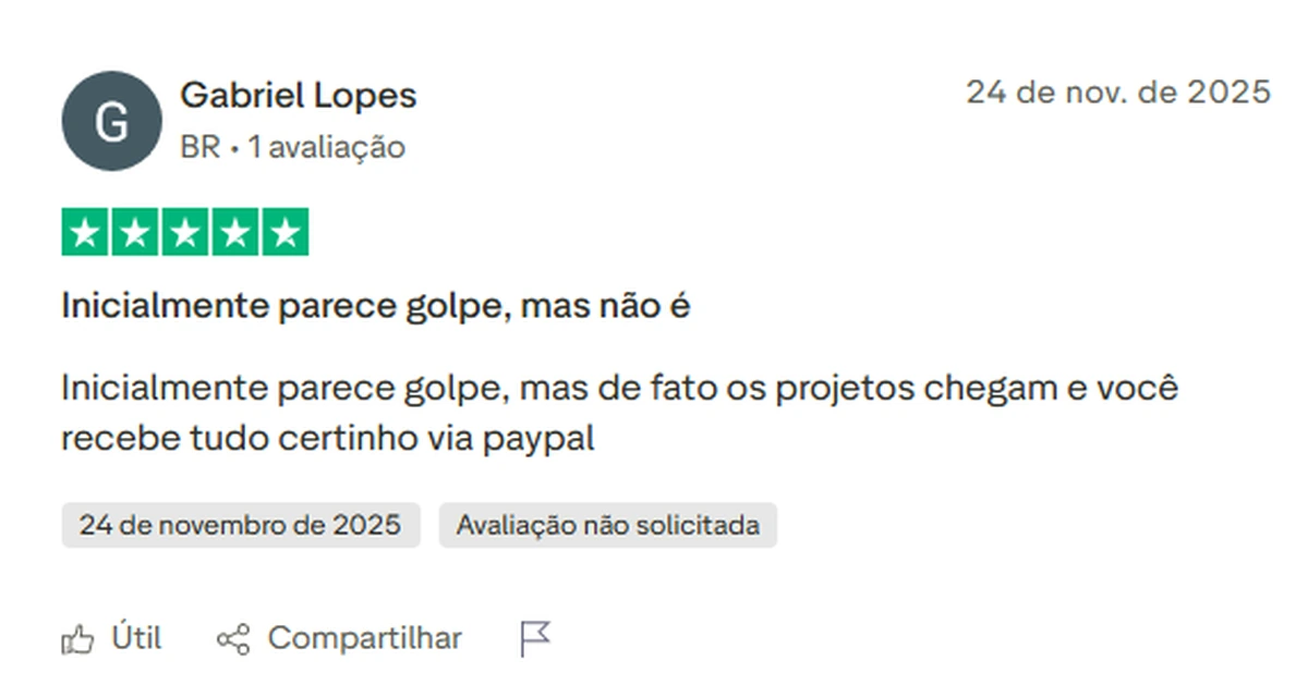 Avaliação de cinco estrelas publicada por um usuário brasileiro no Trustpilot, com o título Inicialmente parece golpe, mas não é, e o selo de avaliação não solicitada